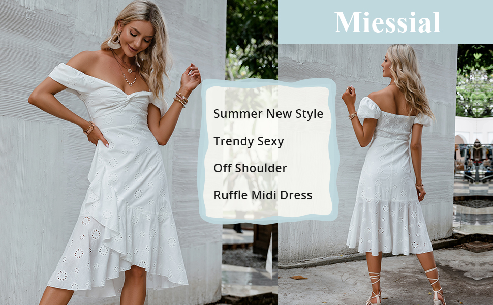 Miessial Women's Boho Off Shoulder Embroidery Midi Dresses Summer Elegant V-Neck Ruffle Dress 
