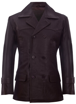 Men's Brown German Naval Dr Who Cow Hide Leather Pea Coat 