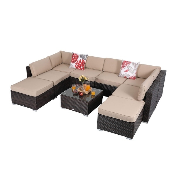 3-Piece, Turquoise Small Patio Wicker Furniture Set PHI VILLA Outdoor Rattan Sectional Sofa 