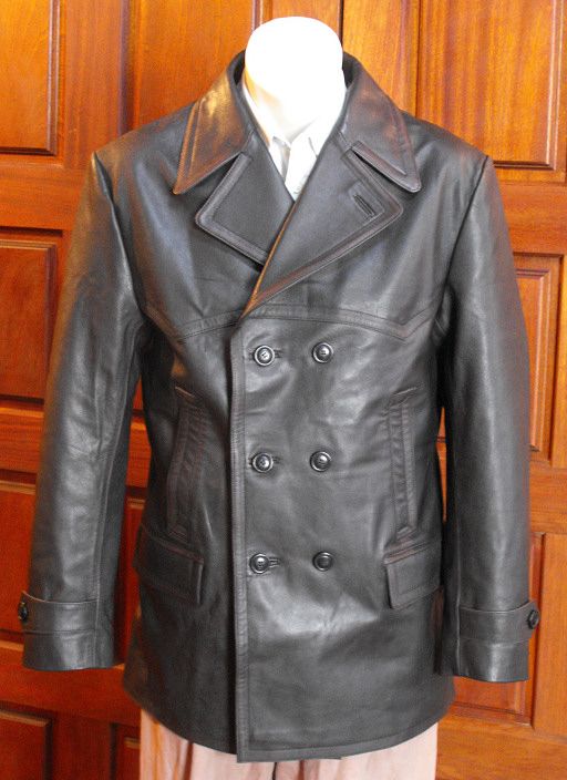 Men's Brown German Naval Dr Who Cow Hide Leather Pea Coat 