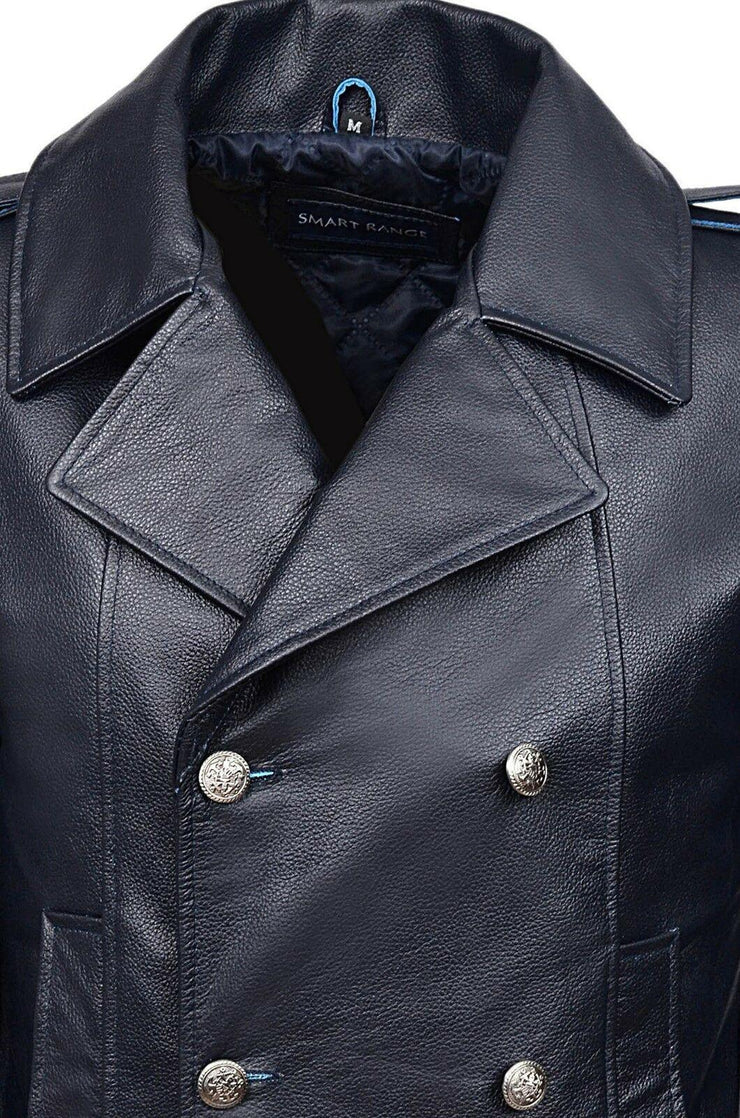 Men's Brown German Naval Dr Who Cow Hide Leather Pea Coat 