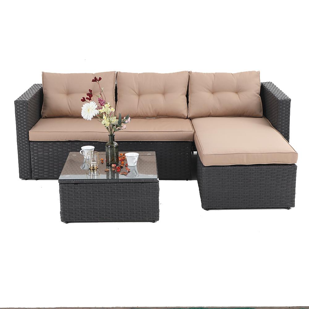 3-Piece, Turquoise Small Patio Wicker Furniture Set PHI VILLA Outdoor Rattan Sectional Sofa 