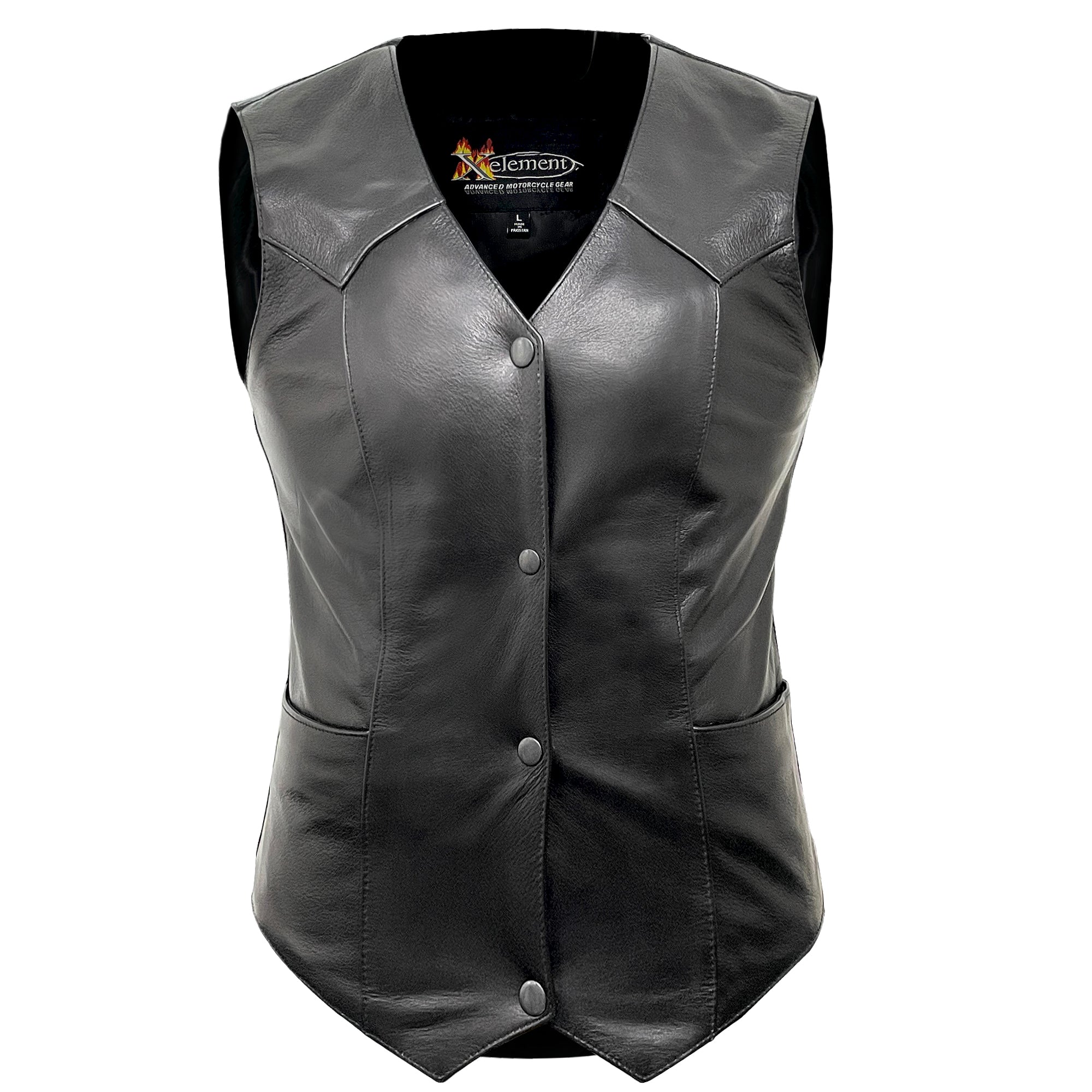 Ladies Real Genuine Leather Biker Gilet Xelement B320 Black Motorcycle Vest for Women 